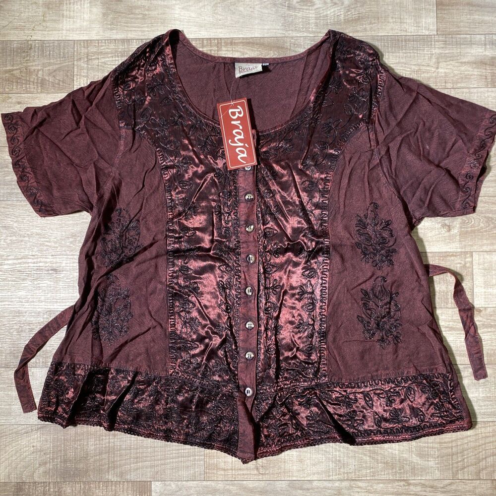 Braja Exclusives Womens 3L Red Black Artsy Embroidered Rayon Shirt Top
